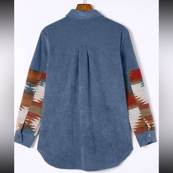 Cozy Boho Oversized Aztec Print Pocket Corduroy Jacket Shacket Button Down Shirt - Picture 5 of 7